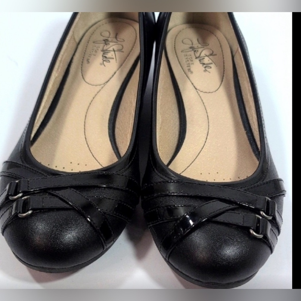 Life Stride Black Wedge Pumps with Buckle Detail